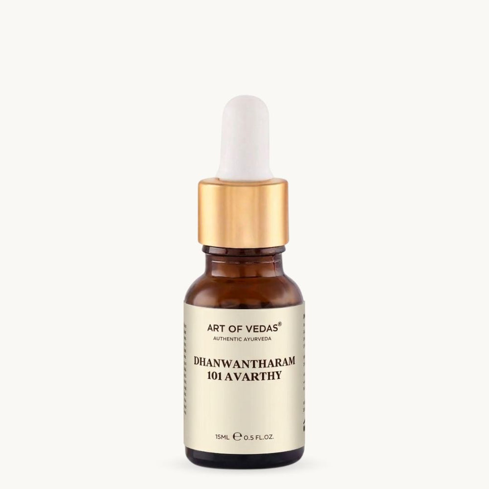 Art of Vedas Dhanwantharam 101 Avarthy 15ml, klasický ajurvédský Thailam v přípravě 101 Avarthy, tradičně užívaný při masáži Abhyanga