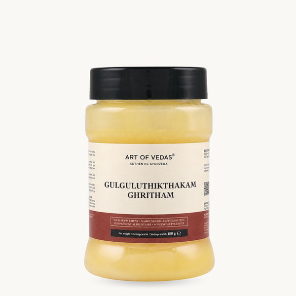Art of Vedas Gulgulu Thikthakam Ghritham, klasické ájurvédské ghí: Guggulu, kurkuma, zázvor. Sklenice 150 g