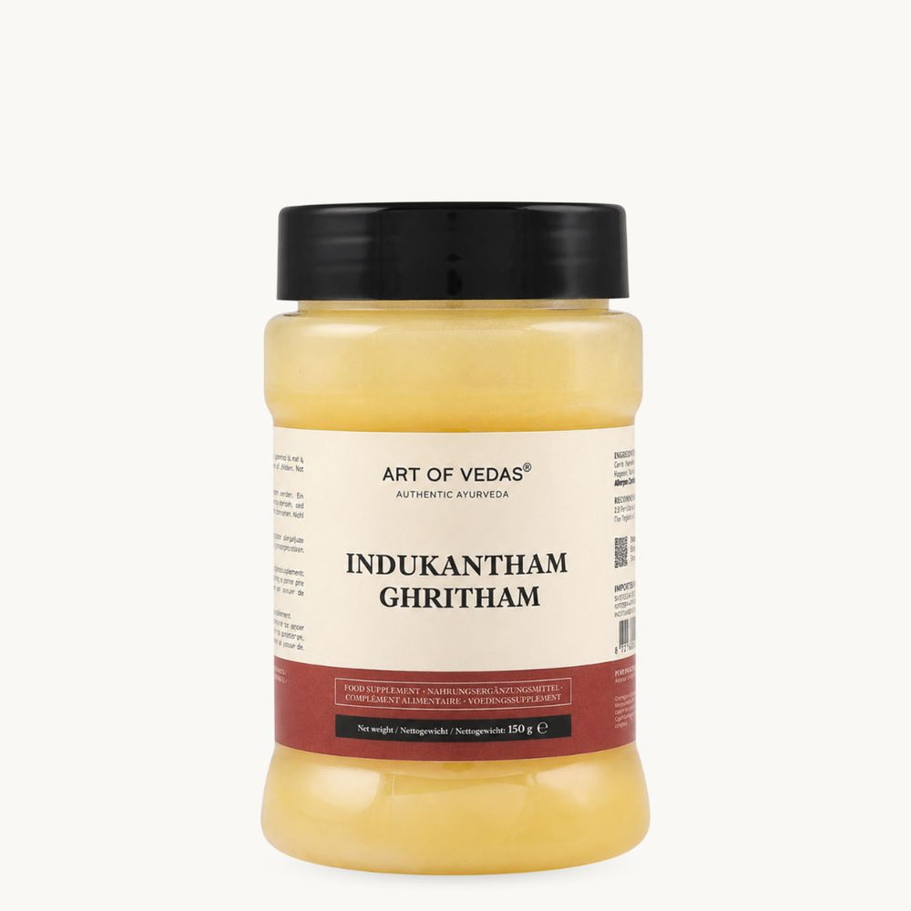 Art of Vedas Indukantham Ghritham, klasické ájurvédské ghí: zázvor, dlouhý pepř, kamenná sůl. Sklenice 150 g