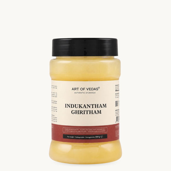 Art of Vedas Indukantham Ghritham, klasické ájurvédské ghí: zázvor, dlouhý pepř, kamenná sůl. Sklenice 150 g